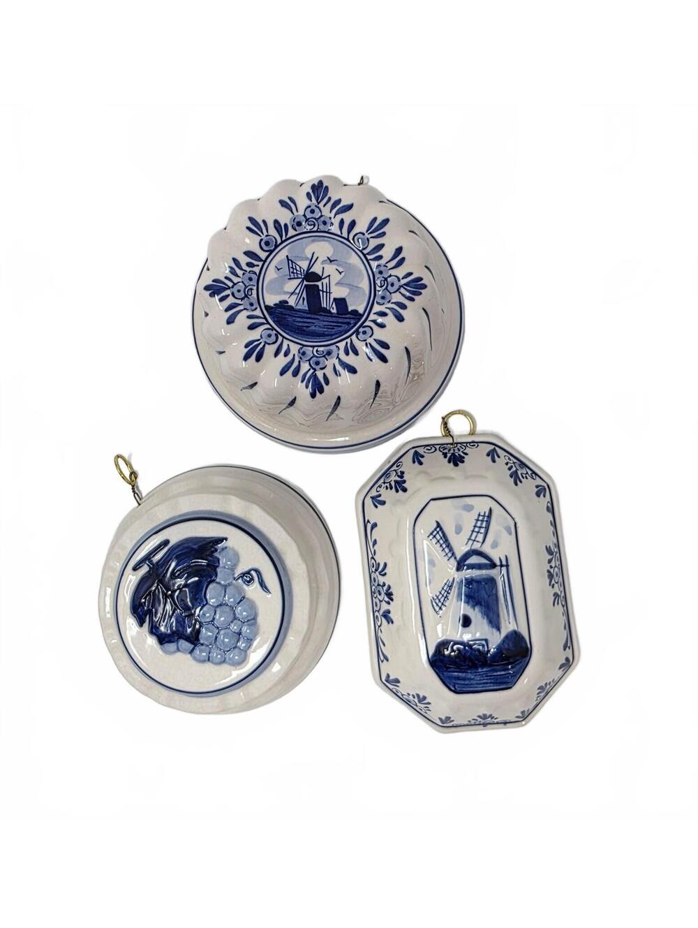 Vintage DAIC Delft Blue Wall Molds Set of 3 Windmill Grapes Hand Painted